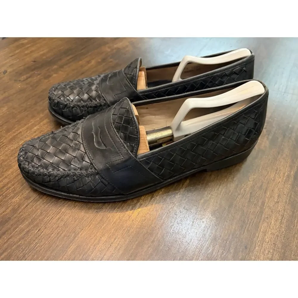 Mens 10.5 M Cole Haan Black Leather Woven Penny Loafers Dress Shoes